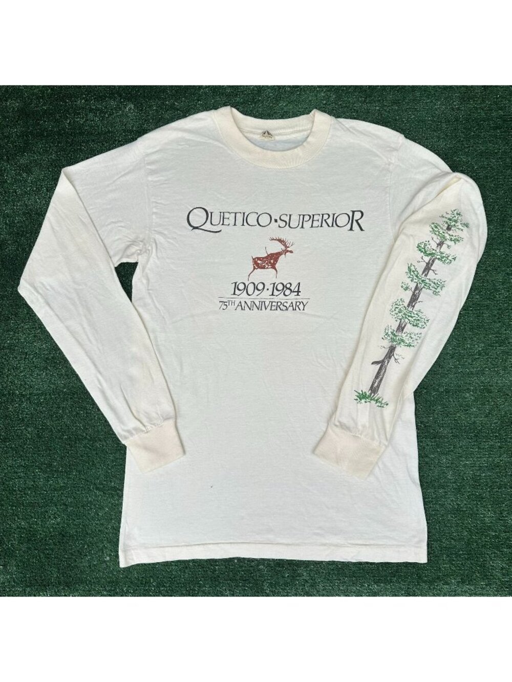 Vintage 80s Quetico Superior Long Sleeve T-Shirt Cream M Single Stitch Gorpcore